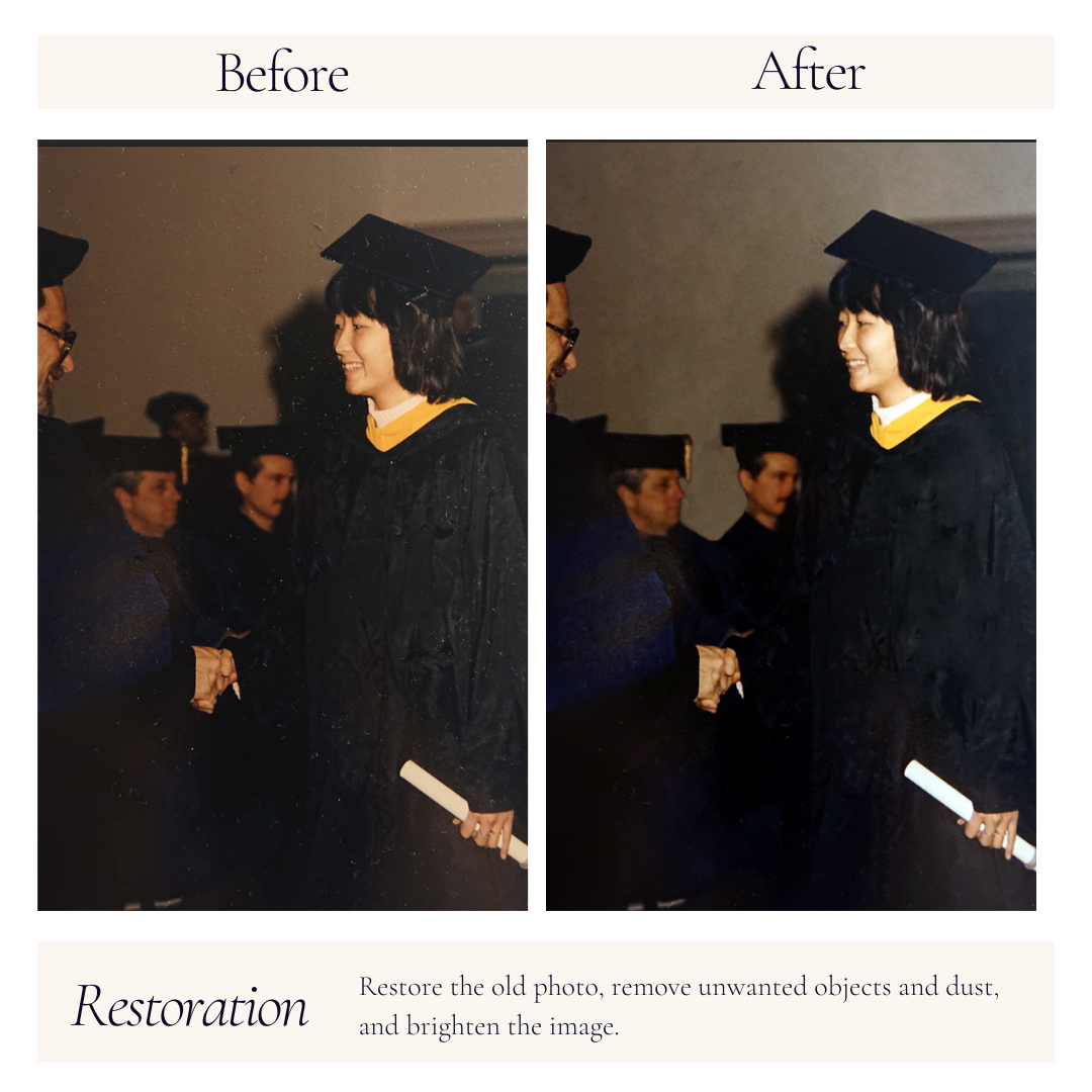 Example of photo restoration: Restore color of an old photo of a girl graduation